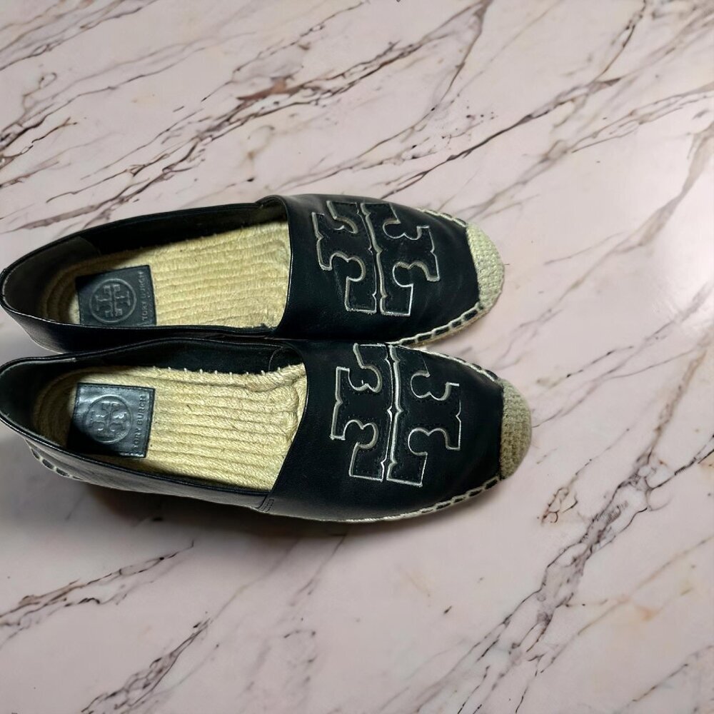Tory Burch Ines Espadrille Leather Flat Black Silver Shoes, US 7 - Picture 2 of 4